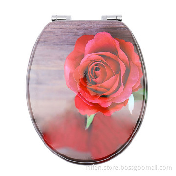 Fanmitrk Wooden Toilet Seat-Durable MDF Toilet Seat Soft Close with rose pattern